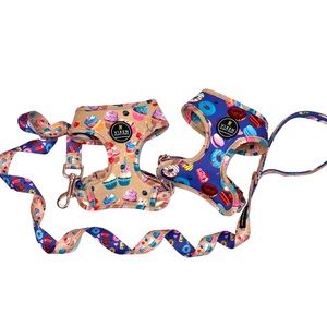 Dog Harness in fun and vibrant print Reversible pattern of cupcakes & donuts